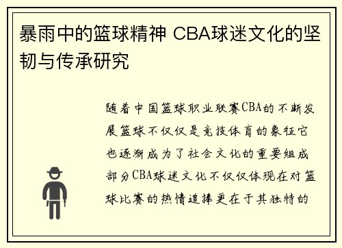 暴雨中的篮球精神 CBA球迷文化的坚韧与传承研究