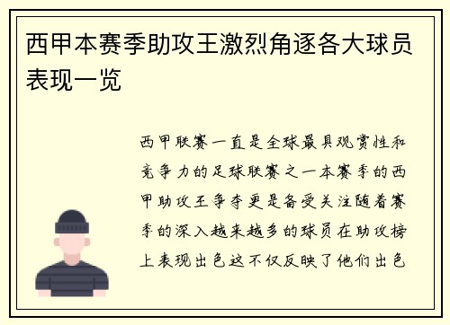 西甲本赛季助攻王激烈角逐各大球员表现一览