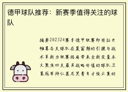 德甲球队推荐：新赛季值得关注的球队